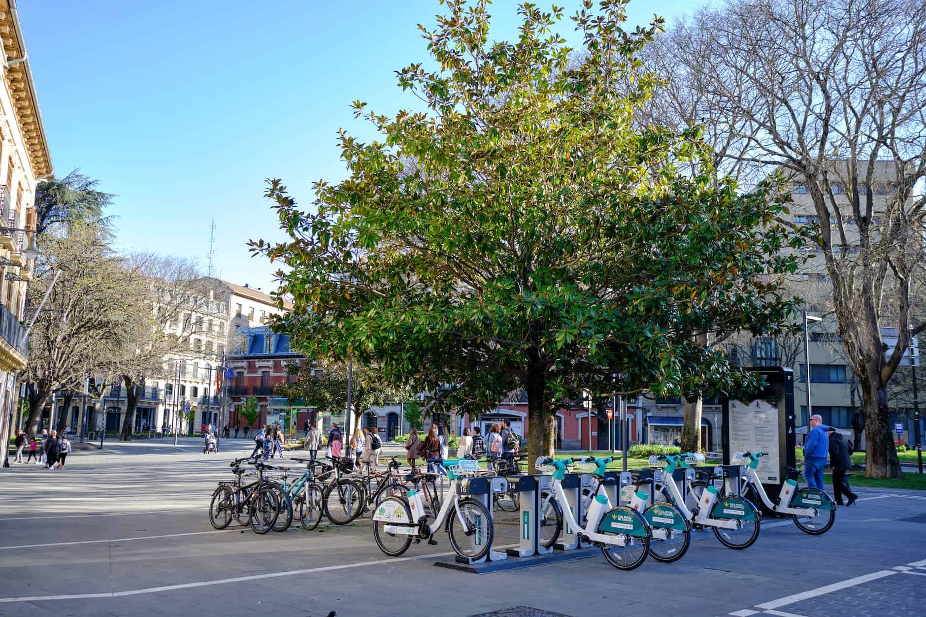 electric rental bicycles in the stand in town square