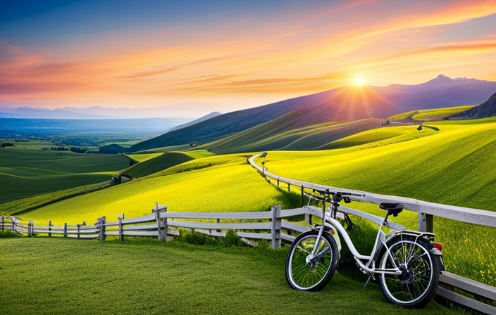 An image showcasing a serene countryside road, winding through lush green fields and vibrant wildflowers, with an electric bike parked beside it