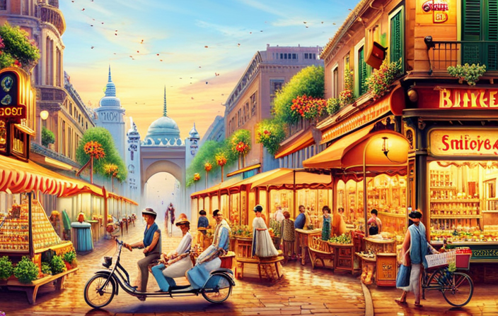 An image showcasing a vibrant city street with a bustling market, featuring a 2-seater electric pedal car bike at the forefront, surrounded by curious shoppers and a variety of vendors selling their wares