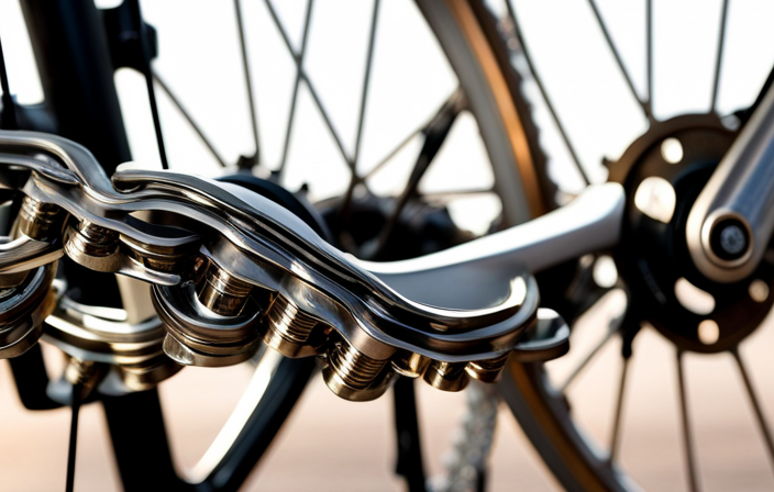 An image capturing the close-up of a bicycle chain, highlighted by soft sunlight, as it glides over the gears, revealing the intricate mechanism responsible for the persistent clicking noise when pedaling