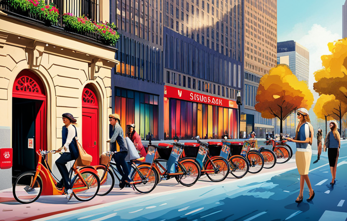An image showcasing a bustling city street with a colorful row of Capital Bikeshare stations, prominently featuring an electric bike fully charged and ready for use, attracting eager cyclists