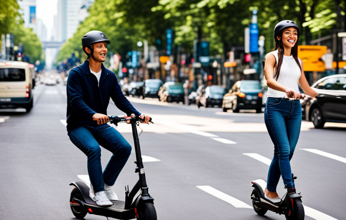 An image showcasing a person confidently riding an electric scooter, effortlessly maneuvering through a bustling city street