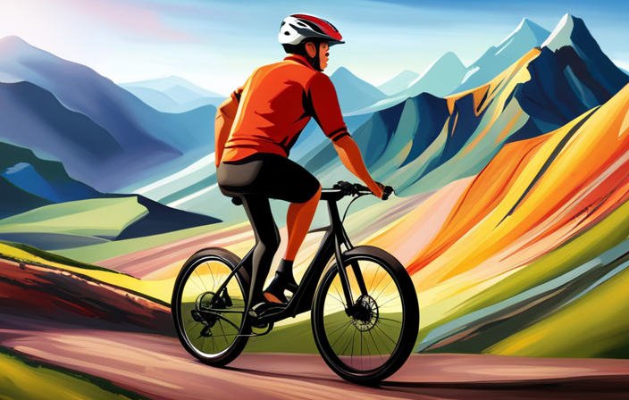 An image showcasing a person wearing a helmet and riding an electric bike uphill, with their hand gripping the throttle, a glowing battery indicator, and the bike's motor emitting vibrant sparks, emphasizing the excitement and power of electric bikes