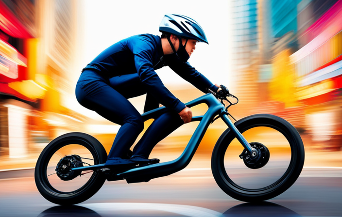An image capturing the exhilarating speed of an electric bike: a blurred background showcasing a rider in full gear, hair and clothing flowing back, a trail of dust and leaves whirling behind