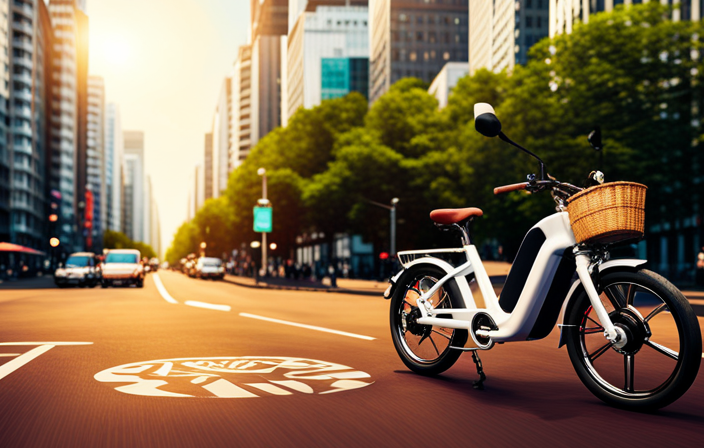 An image showcasing a sleek electric bike parked against a vibrant backdrop of a sun-kissed city street
