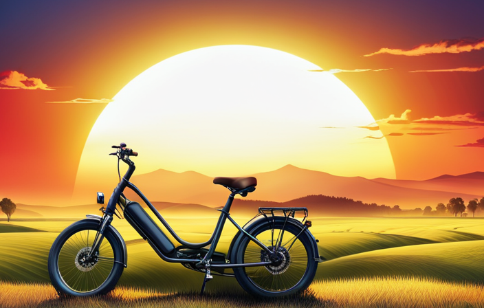 An image showing an electric bike parked in a lush green field, with a vibrant sunset in the background
