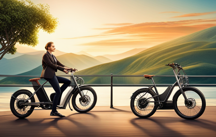 An image capturing the exhilarating journey of an electric bike, showcasing its sleek frame gliding effortlessly along a scenic coastal road, with a mesmerizing backdrop of rolling hills stretching for miles