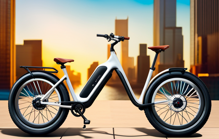 An image showcasing a sleek electric bike against a vibrant city backdrop, with the price subtly displayed on a digital screen mounted on the handlebar, enticing readers to explore the affordability of these eco-friendly rides