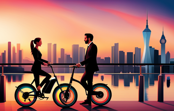 An image showcasing a diverse range of sleek and futuristic electric bikes lined up against a vibrant city backdrop, highlighting their varying features, colors, and designs, inviting readers to explore the world of electric bikes and their respective prices