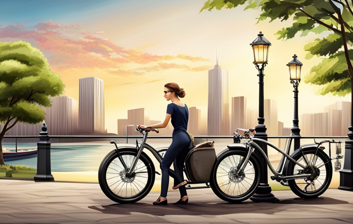 An image capturing the secure locking process of an electric bike: a sturdy U-lock tightly encircling the frame and rear wheel, with a robust chain threaded through the front wheel, all against a backdrop of a bustling city street