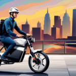 An image capturing a rider confidently mounting an electric bike, helmet securely fastened, as they effortlessly maneuver through a picturesque urban landscape with a contented smile, showcasing the ease and joy of riding