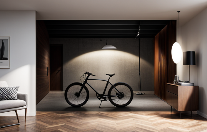 An image capturing a dimly lit room with an electric bike parked against the wall