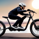 An image that showcases a person effortlessly gliding downhill on an electric bike, with a clear view of their relaxed posture, one hand gently gripping the handlebars, and the other hand loosely holding the throttle