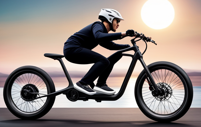 An image that showcases a person effortlessly gliding downhill on an electric bike, with a clear view of their relaxed posture, one hand gently gripping the handlebars, and the other hand loosely holding the throttle