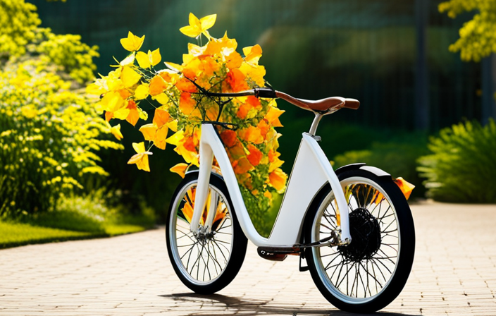 An image showcasing an electric bike bathed in sunlight, with vibrant petals strewn across the ground