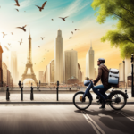 An image showcasing a bustling city street with a split view: on one side, an electric bike gliding smoothly past, emitting no emissions; on the other side, a petrol bike trailing smoke, highlighting the environmental impact
