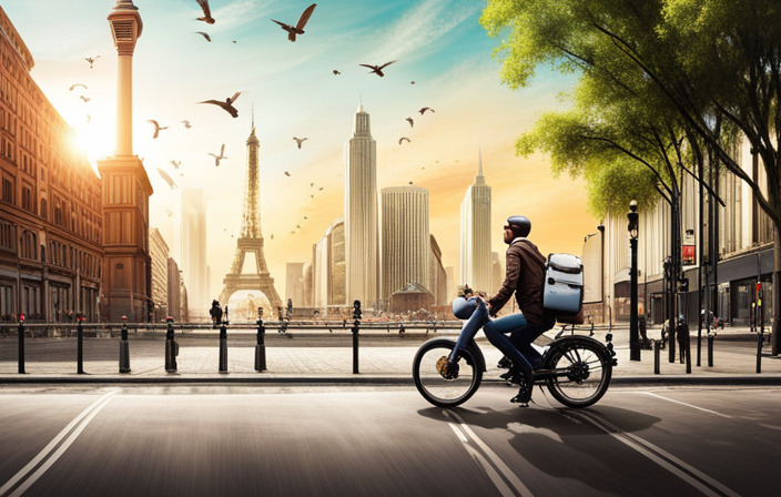 An image showcasing a bustling city street with a split view: on one side, an electric bike gliding smoothly past, emitting no emissions; on the other side, a petrol bike trailing smoke, highlighting the environmental impact