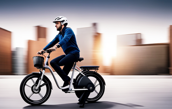 An image showcasing an electric bike in motion, with the rider pedaling energetically