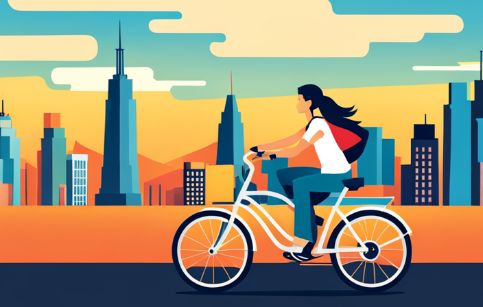 An image showcasing an electric bike zipping through a bustling city, effortlessly maneuvering through traffic, with a rider sporting a wide grin, conveying the joy, speed, and convenience of this eco-friendly mode of transportation