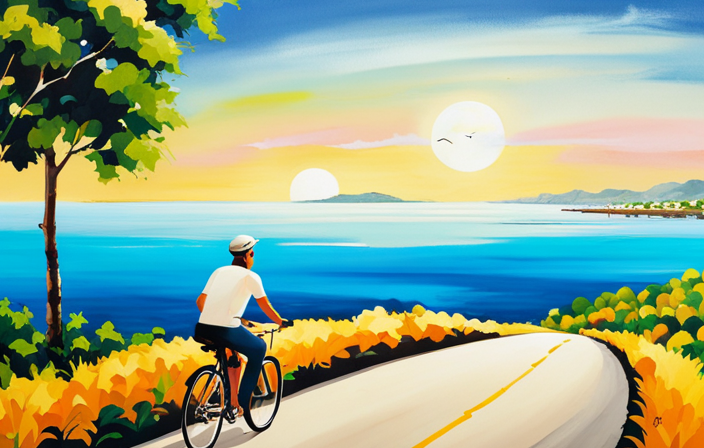 An image capturing a rider effortlessly gliding along a scenic coastal bike path on an electric bike, with a backdrop of vibrant blue skies, gentle ocean waves, and a serene coastal landscape