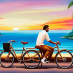 An image that showcases a sleek electric bike gliding effortlessly on a scenic coastal road, with the rider wearing a contented smile, surrounded by lush greenery and the vibrant hues of a breathtaking sunset