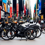 An image showcasing the bustling streets of New York City, with a vibrant array of electric bikes lined up in front of a specialized store, inviting readers to explore the best places to buy electric bikes in NYC