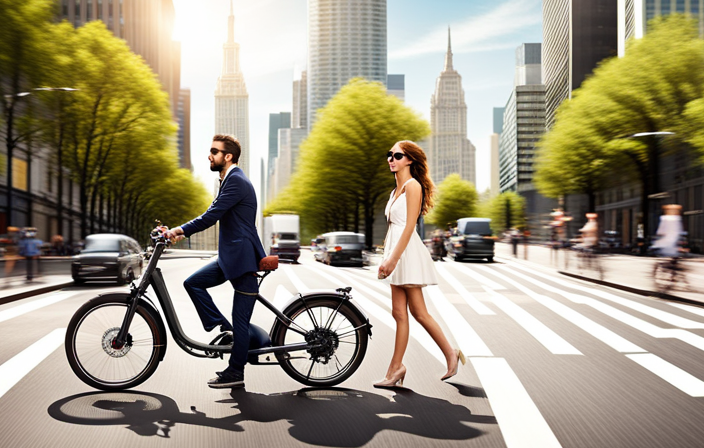 An image showcasing an urban landscape with a sleek, modern electric bike gliding effortlessly along a bustling city street, surrounded by mesmerized onlookers with wide smiles, embodying the freedom and eco-friendly benefits of electric biking