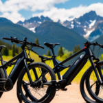An image showcasing a vibrant array of sleek electric mountain bikes against a backdrop of lush, rugged terrain