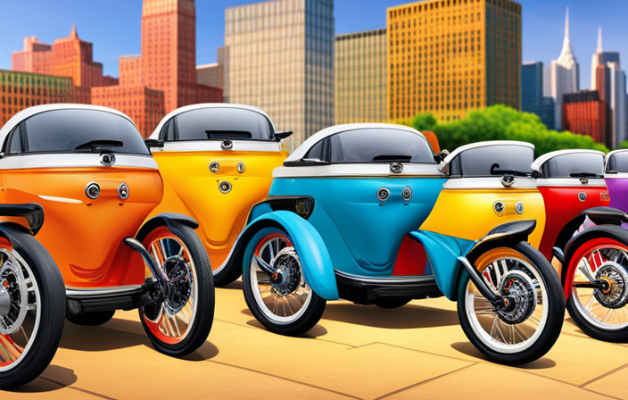 An image showcasing a vibrant sidewalk with a row of colorful electric pedal car bikes parked neatly against a bustling city backdrop, inviting readers to explore where to buy these eco-friendly vehicles