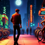An image showcasing a player in Electric State Darkrp, standing beside a bike shop with neon-lit signs