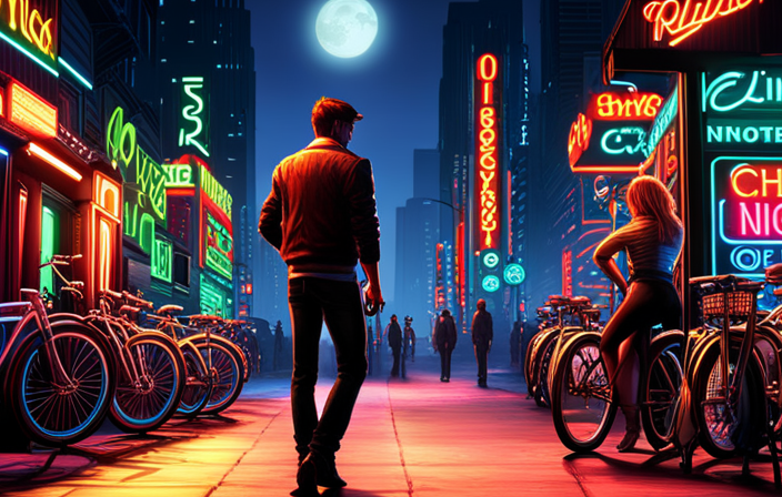 An image showcasing a player in Electric State Darkrp, standing beside a bike shop with neon-lit signs