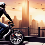 An image capturing the vibrant cityscape of Electric State Darkrp(Beta), with a character confidently riding a sleek, electric bike through bustling streets, showcasing the thrilling experience of acquiring a bike in the game