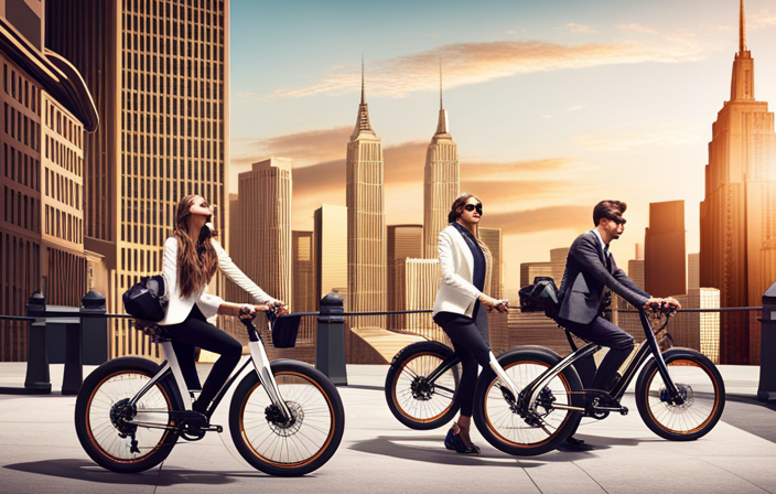 An image showcasing a diverse group of individuals, each test riding the sleek Flux Electric Bike in different urban settings