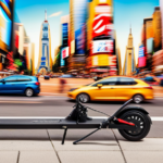 An image showcasing a bustling city street filled with diverse riders on electric scooters and bikes, zipping past towering buildings adorned with vibrant advertisements, emphasizing the magnitude of the US electric scooter and bike market