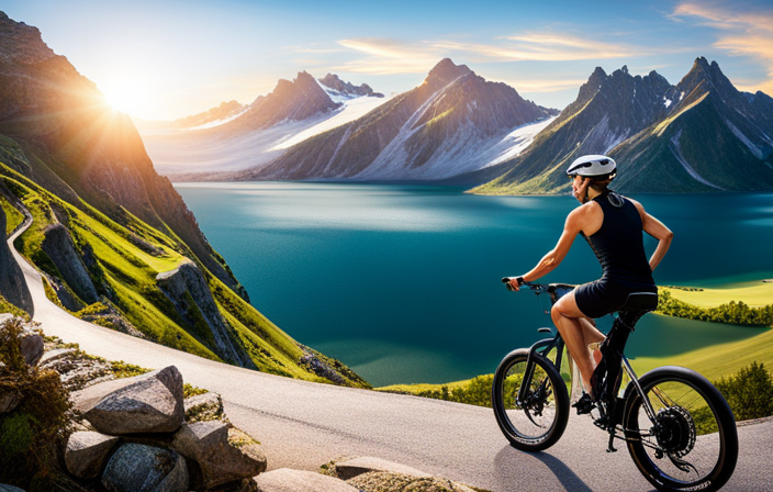 An image showcasing a cyclist riding an electric bike, effortlessly climbing a steep mountain trail