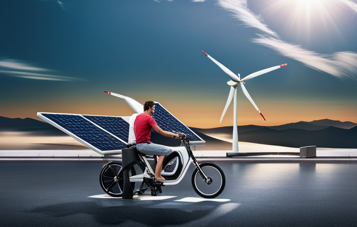 An image showcasing an electric bike with solar panels integrated into the frame, absorbing sunlight