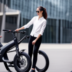 An image showcasing a person effortlessly lifting a lightweight foldable electric bike with one hand, exuding a confident smile, while other pedestrians look on, amazed by the bike's portability and convenience