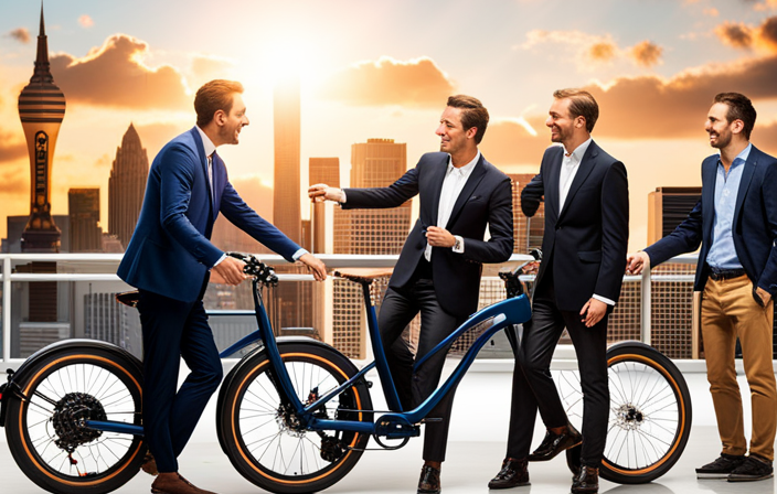 An image showcasing a brainstorming session with a group of Pedego Electric Bike team members, huddled around a whiteboard covered in charts, graphs, and calculations, as they determine the pricing strategy
