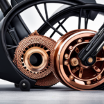 An image showcasing the inner workings of an electric bike motor: magnetized copper coils rotating around a central axle, connected to a chain and sprocket system, providing power for a smooth and efficient ride