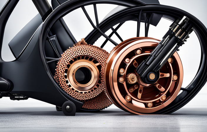 An image showcasing the inner workings of an electric bike motor: magnetized copper coils rotating around a central axle, connected to a chain and sprocket system, providing power for a smooth and efficient ride