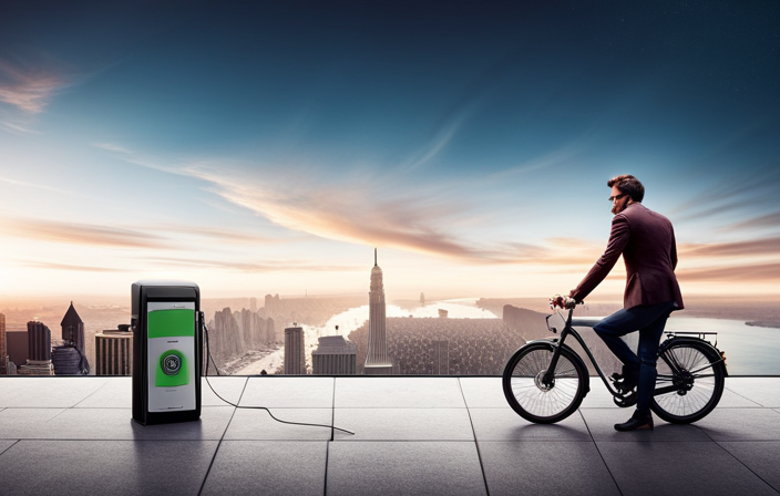 An image showcasing a person effortlessly plugging in their electric bike's charger into a sleek charging port, with a clear visual depiction of the charging cable connecting the bike and the power source