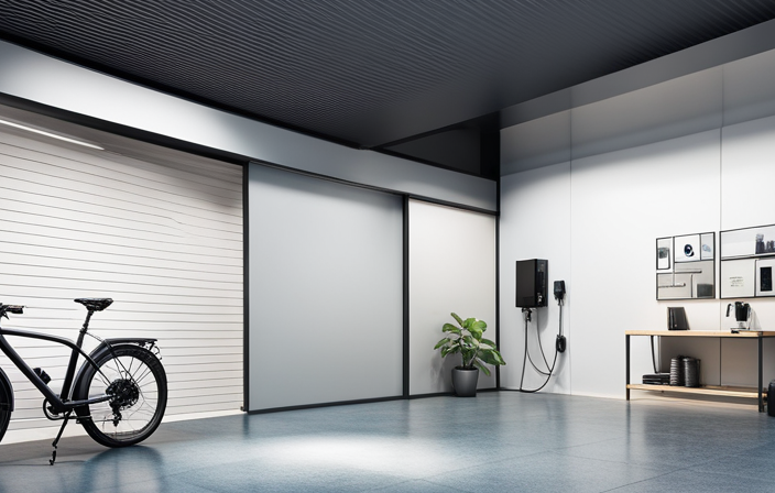 An image showcasing a well-lit garage with an electric bike parked near a wall-mounted charging station
