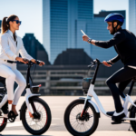 An image showcasing a person confidently unlocking a sleek white Jump electric bike with a smartphone app, against a backdrop of a vibrant cityscape bustling with cyclists, highlighting the convenience and excitement of joining the program