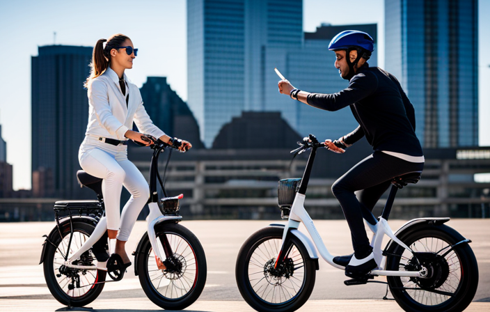An image showcasing a person confidently unlocking a sleek white Jump electric bike with a smartphone app, against a backdrop of a vibrant cityscape bustling with cyclists, highlighting the convenience and excitement of joining the program