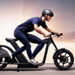 An image showcasing a person comfortably straddling an electric bike, with their feet flat on the ground and knees slightly bent, indicating the perfect size
