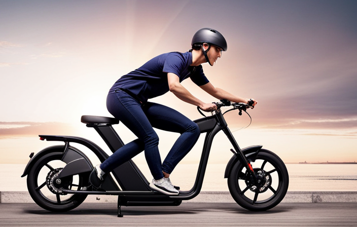 An image showcasing a person comfortably straddling an electric bike, with their feet flat on the ground and knees slightly bent, indicating the perfect size