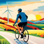 An image of a cyclist on an electric bike, zooming past a wind turbine in a picturesque landscape