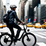 An image showcasing a person riding an electric bike on a bustling New York City street