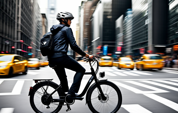 An image showcasing a person riding an electric bike on a bustling New York City street