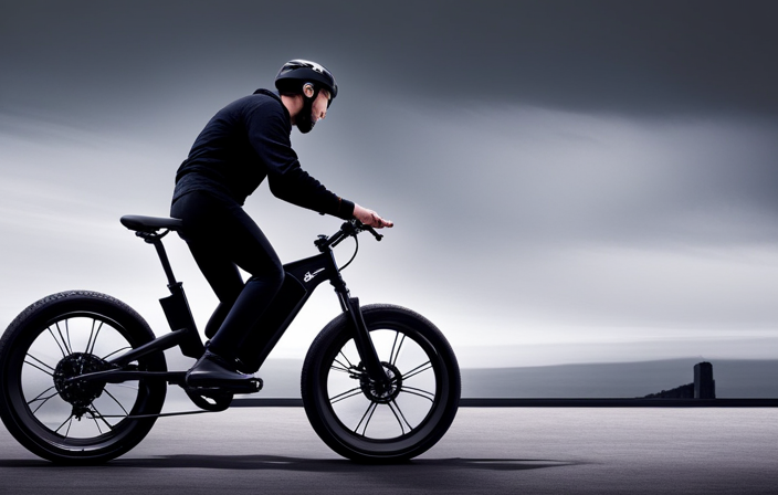 An image with a person in front of an electric bike, pressing a combination of buttons and holding down the power button, demonstrating the process of resetting the bike